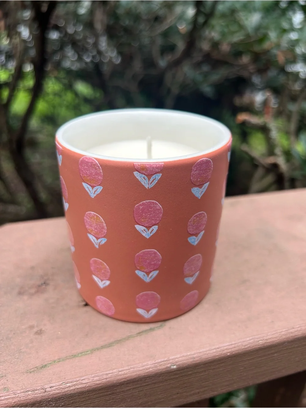 Anthropologie Coral Ceramic Votive with Pink Floral Motif